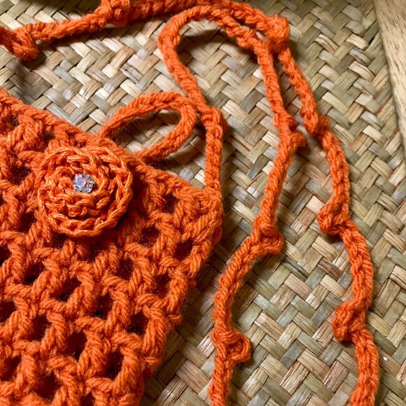 Orange CELLPHONE/SUNGLASS HOLDER Crochet Handmade w/Overhead Strap & Rose Button - Picture 3 of 3